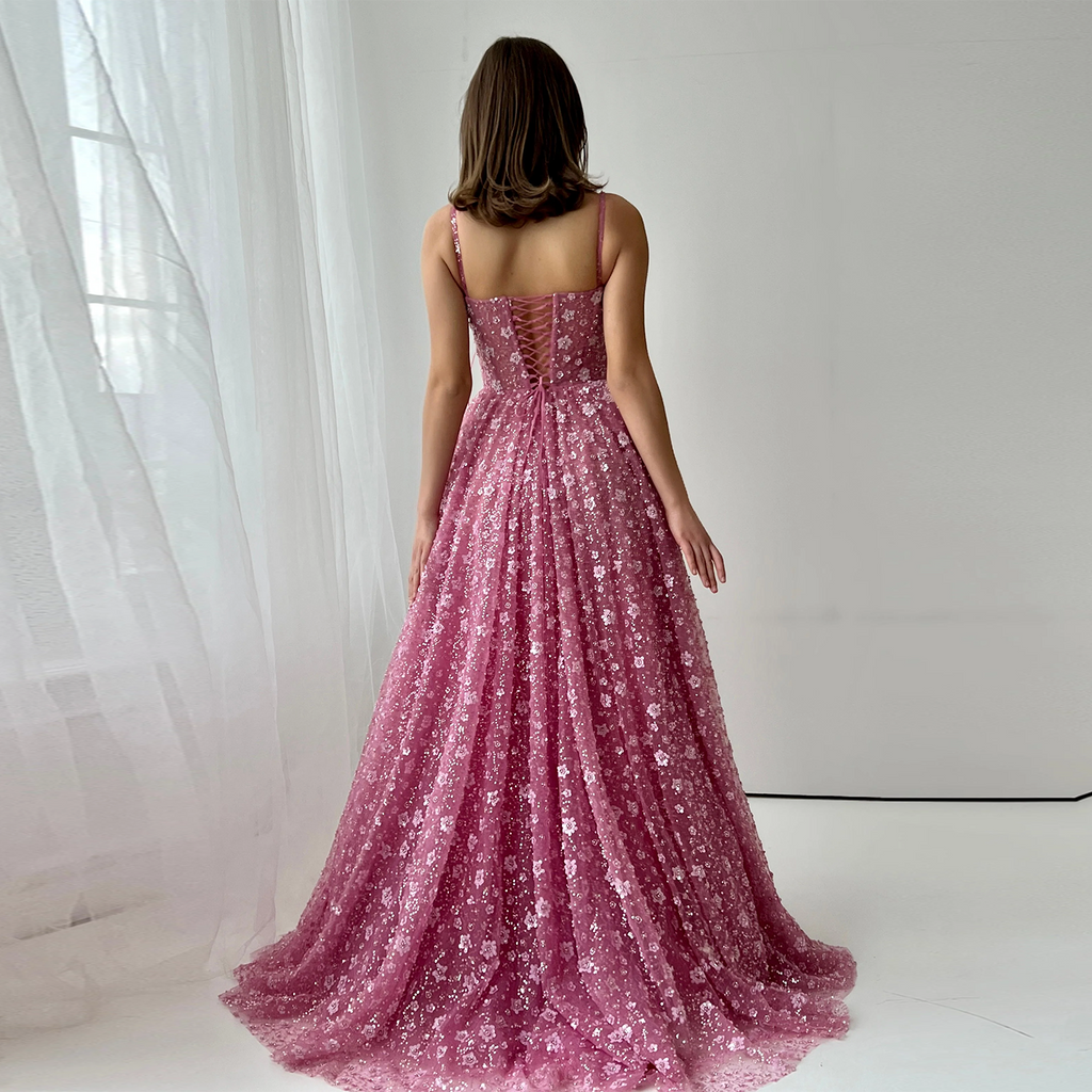Elegant Pink 3D Floral Spaghetti Strap Evening Dress SS701
