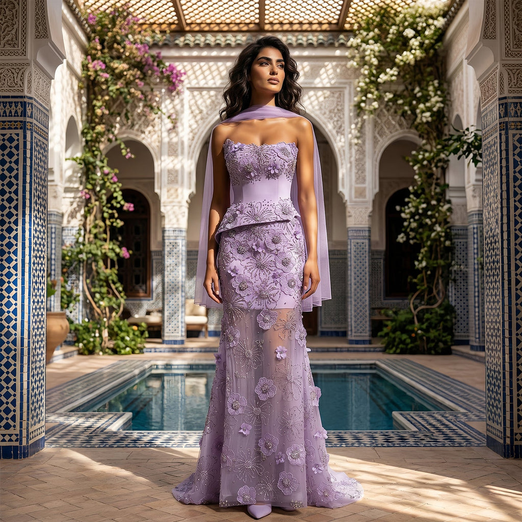 Luxury Lilac 3D Floral Applique Evening Dress with Sheer Tulle and Scarf SS415