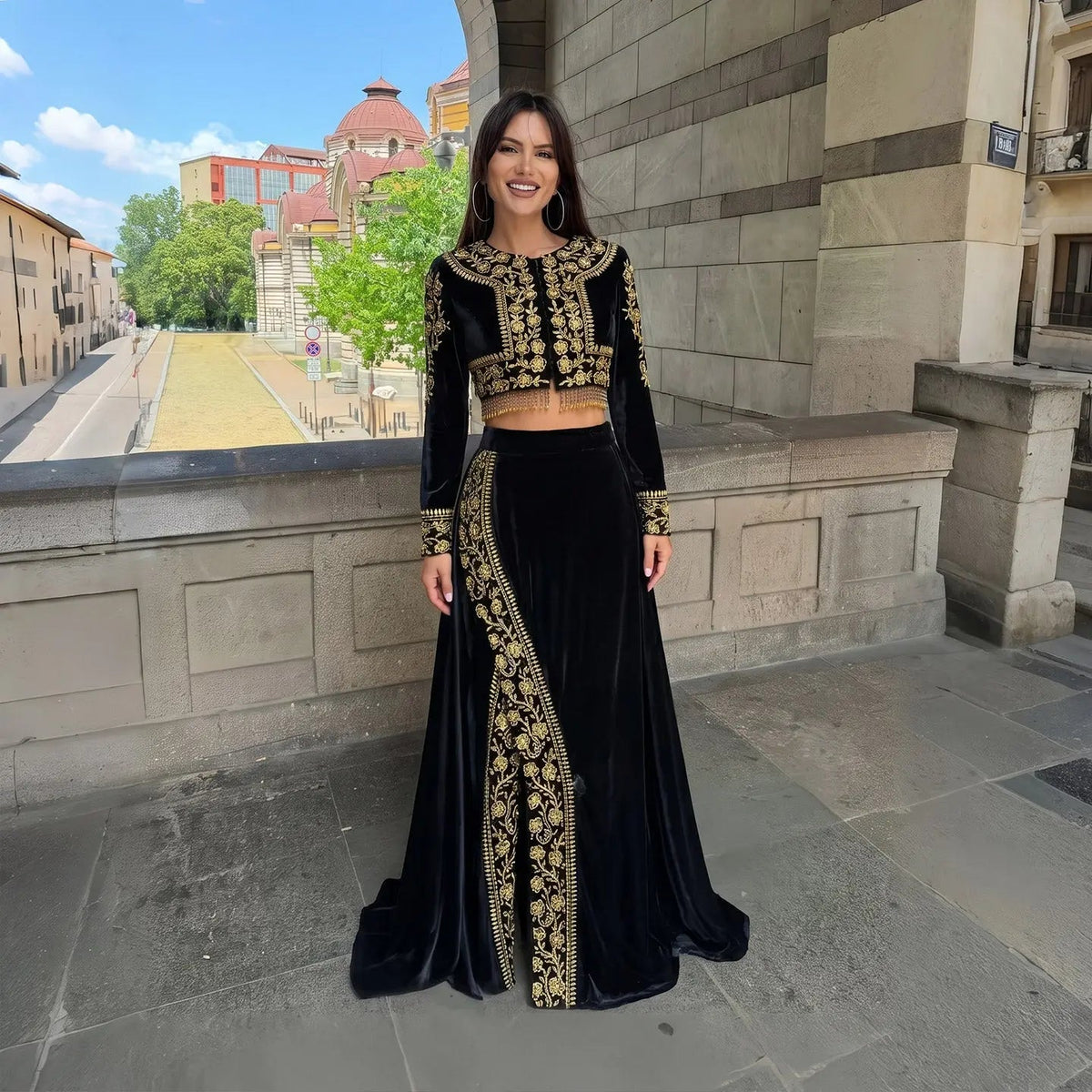 Elegant Black Crystal Two Pieces Evening Dress with Slit SS458