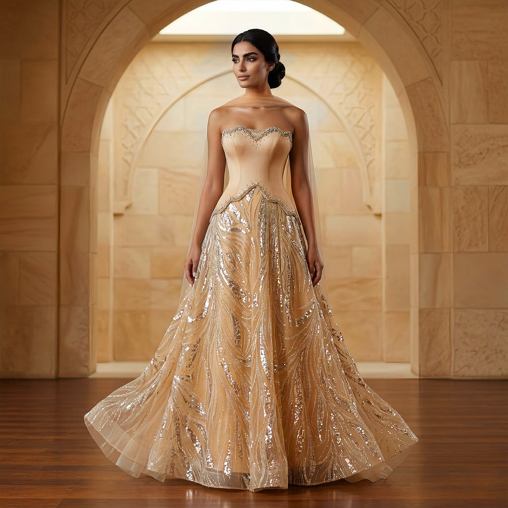 Luxury Champagne Beaded Sequin Evening Dress with Scarf SS132