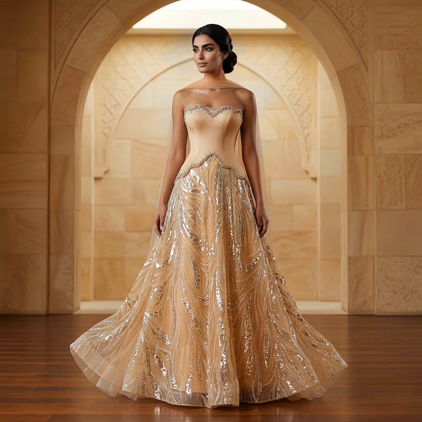Luxury Champagne Beaded Sequin Evening Dress with Scarf SS132