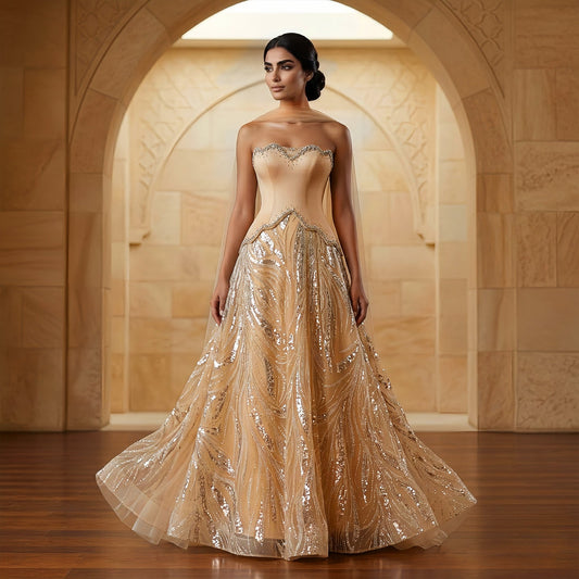Luxury Champagne Beaded Sequin Evening Dress with Scarf SS132