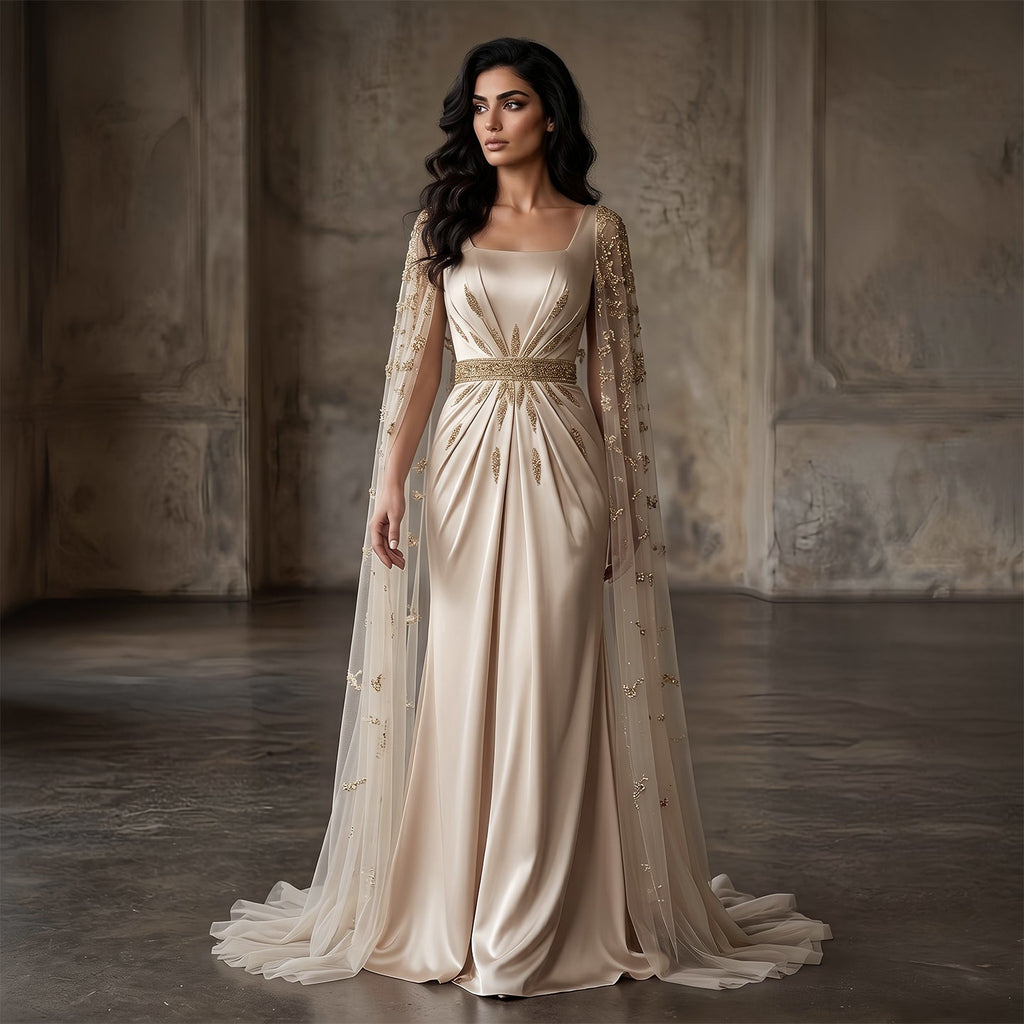 Elegant Champagne Square Neck Beaded Evening Dress with Cape Sleeve SS213