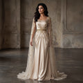 Elegant Champagne Square Neck Beaded Evening Dress with Cape Sleeve SS213