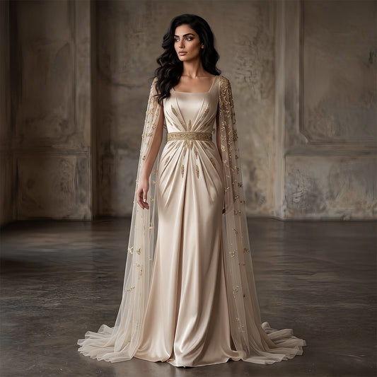 Elegant Champagne Square Neck Beaded Evening Dress with Cape Sleeve SS213