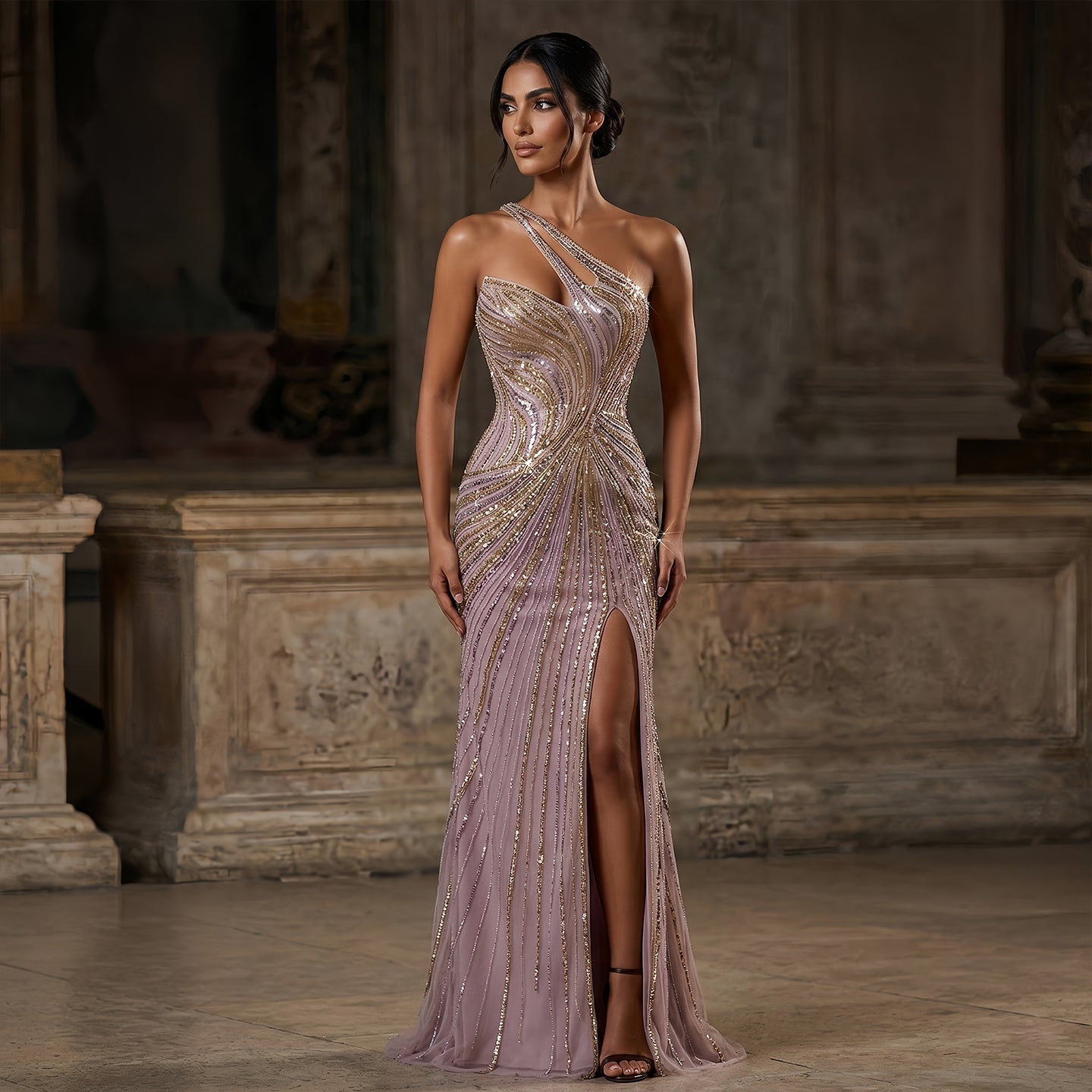 Elegant Gold Crystal Beaded High Slit Mermaid Evening Dress SS153
