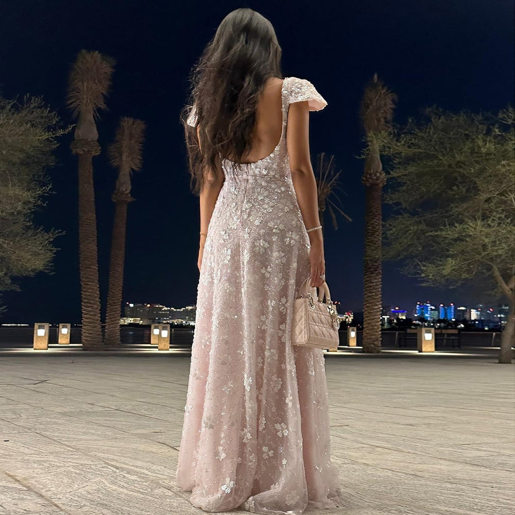 Chic Pink Floral Open Back Evening Dress SS602