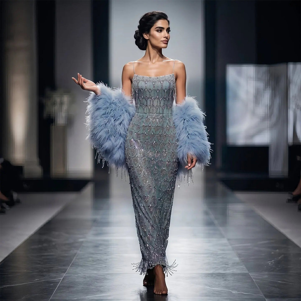 Luxury Silver Gray Beaded Feather Sleeve Fitted Long Evening Dress with Cape SS729