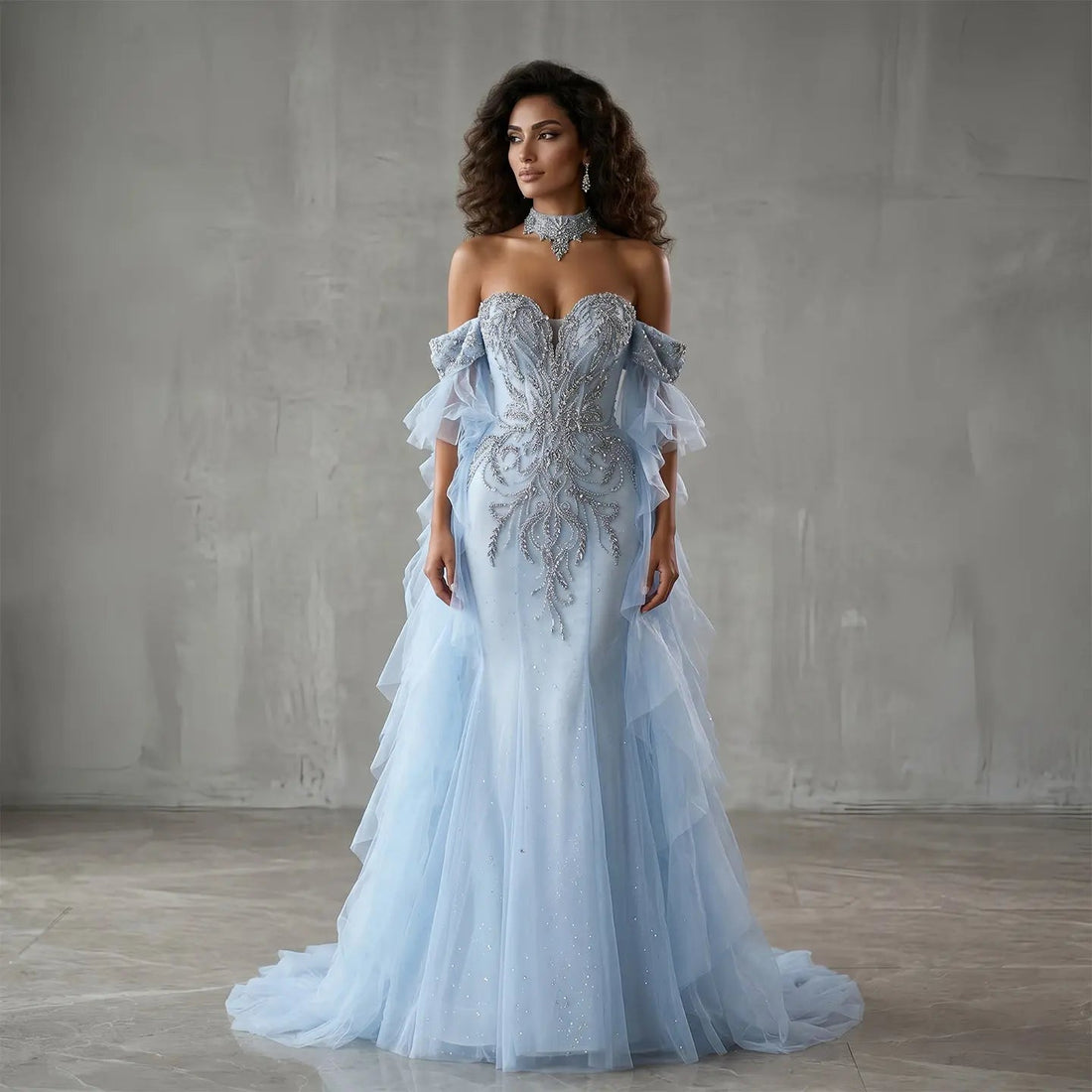 Luxury Blue Beaded Tulle Evening Dress with Flowing Sleeves SS723