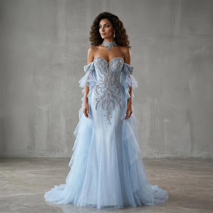 Luxury Blue Beaded Tulle Evening Dress with Flowing Sleeves SS723