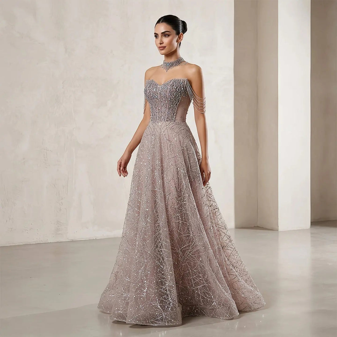 Luxury Pink Full Rhinestone Sequin Strapless Fitted Long Evening Dress SS744