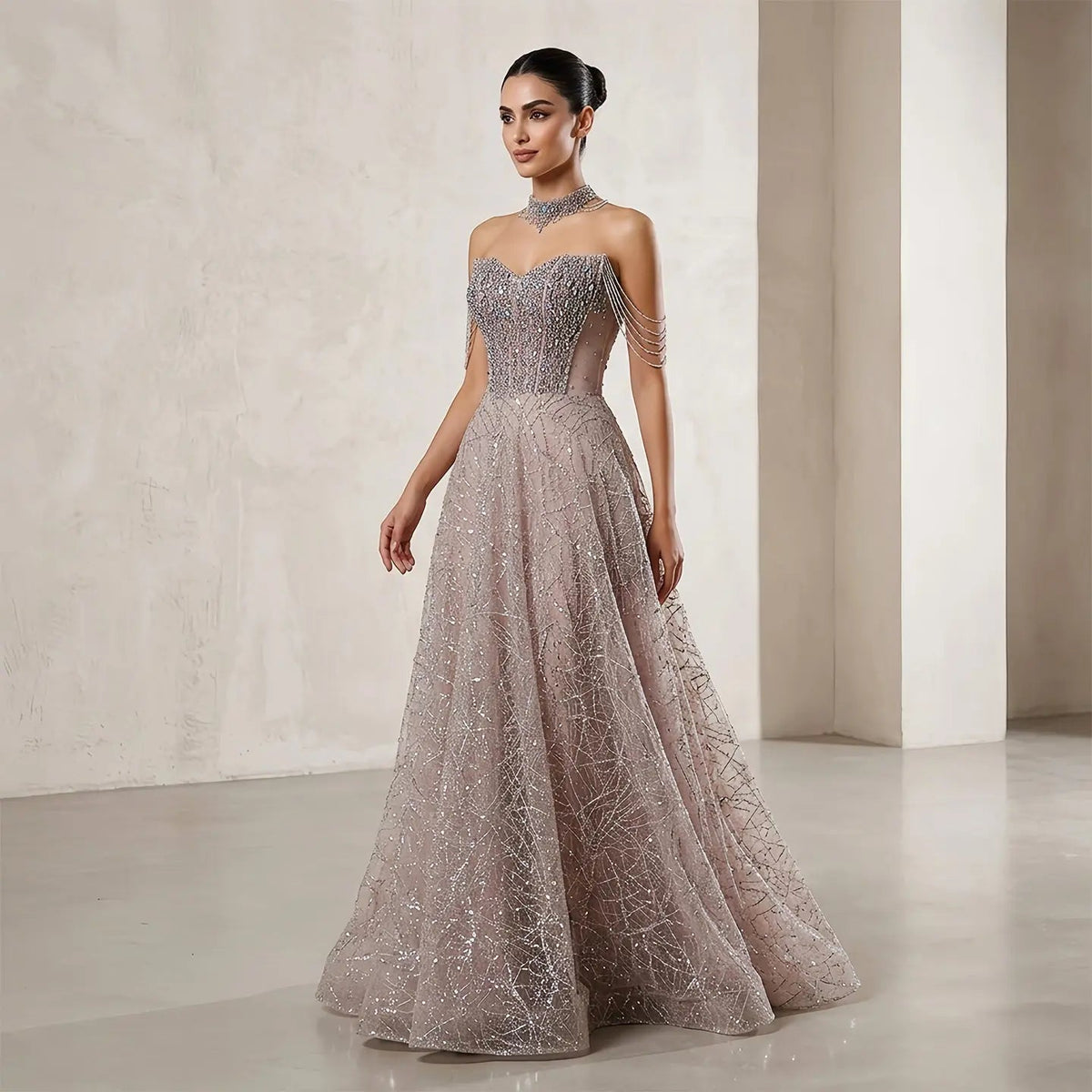 Luxury Pink Full Rhinestone Sequin Strapless Fitted Long Evening Dress SS744