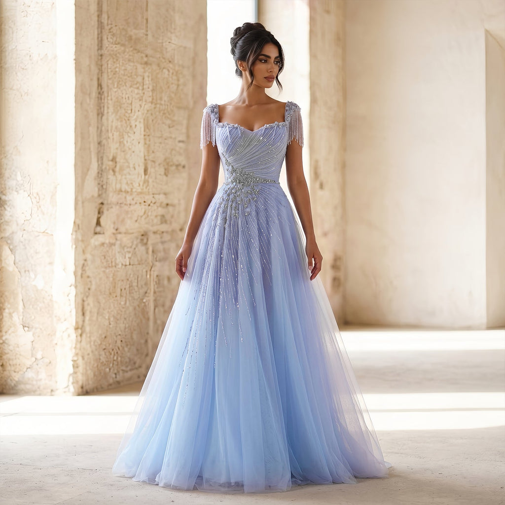Elegant Blue Beaded Tassel Tulle A-Line Evening Dress SS058