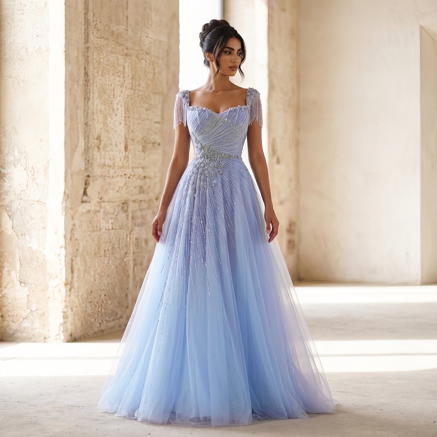 Elegant Blue Beaded Tassel Tulle A-Line Evening Dress SS058