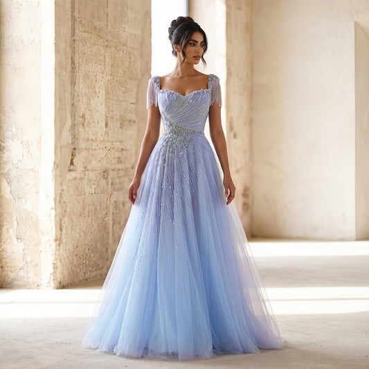 Elegant Blue Beaded Tassel Tulle A-Line Evening Dress SS058