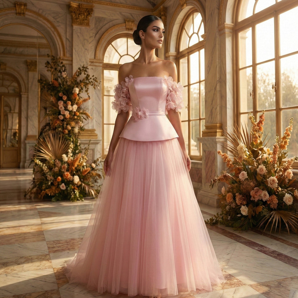 Luxury Pink Off-the-Shoulder Puff Top Tulle Skirt Evening Dress SF228