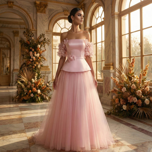 Luxury Pink Off-the-Shoulder Puff Top Tulle Skirt Evening Dress SF228