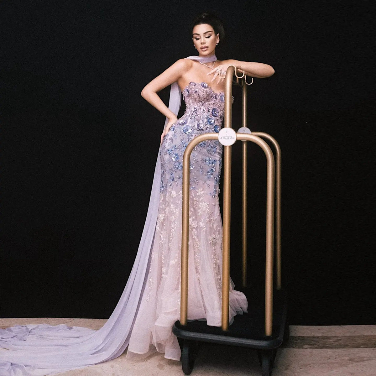 Luxury Crystal Beaded Lilac Evening Dress with Cape SS641