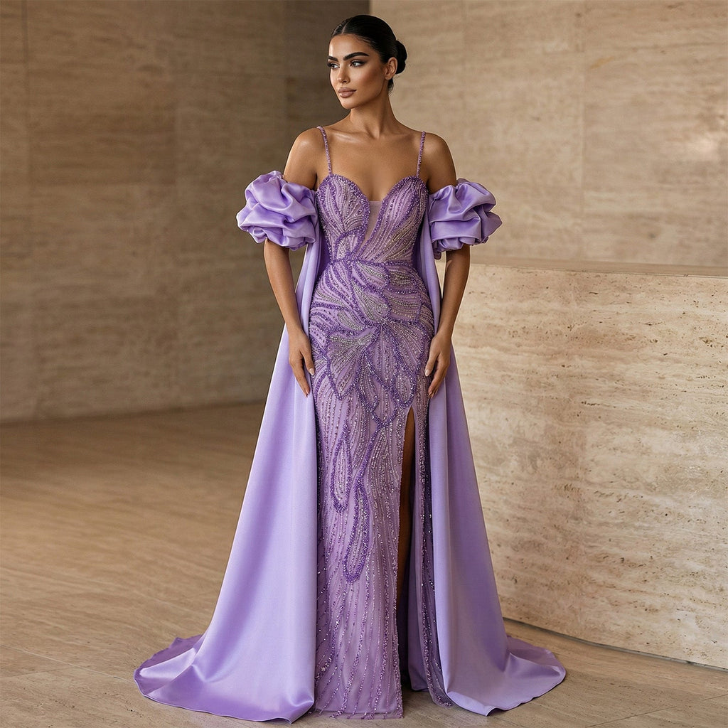 Luxury Lilac High-Slit Beaded Cape Evening Dress with Cap Sleeves SS157