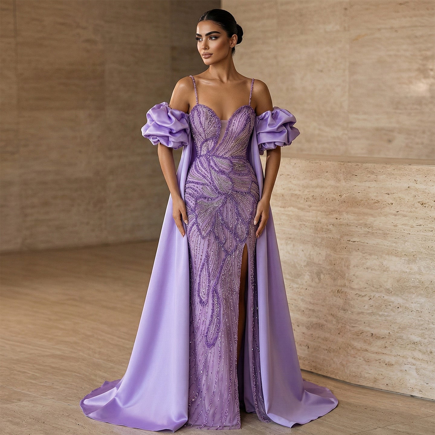Luxury Lilac High-Slit Beaded Cape Evening Dress with Cap Sleeves SS157