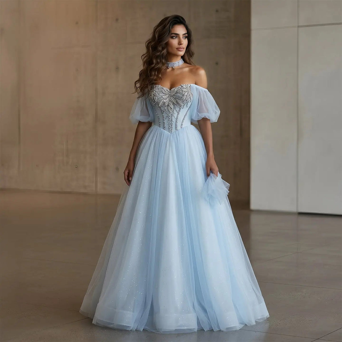Luxury Blue Beaded Off-the-Shoulder Tulle Evening Dress with Necklace SS736