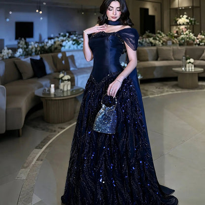 Elegant Wine Red Beaded Sequin Off-Shoulder Evening Dress with Scarf SS652