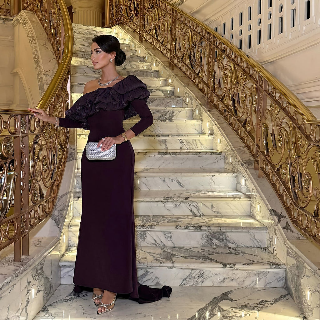 Luxury Purple Ruffled Long Sleeve Train Evening Dress SF323