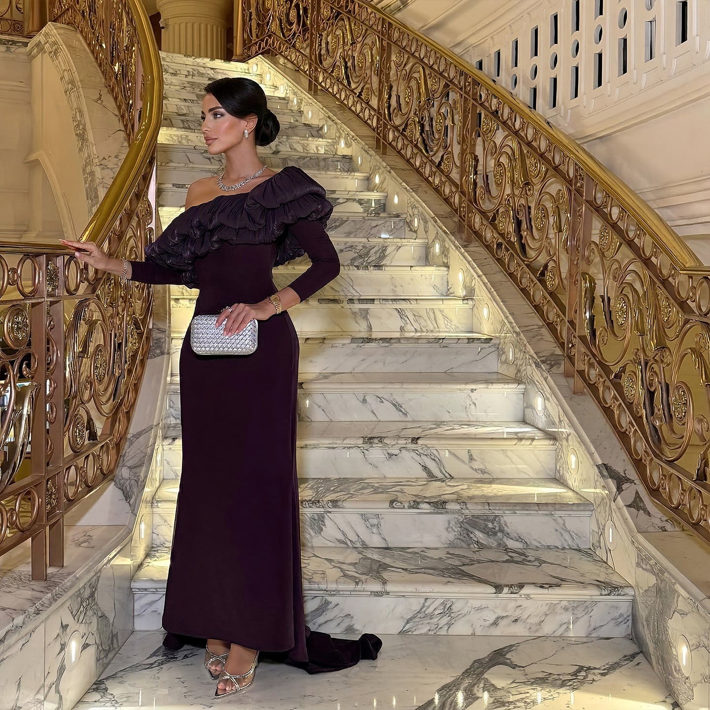 Luxury Purple Ruffled Long Sleeve Train Evening Dress SF323