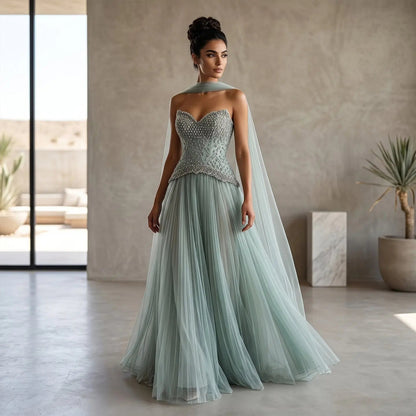 Luxury Sage Green Beaded A-Line Evening Dress with Scarf SS299