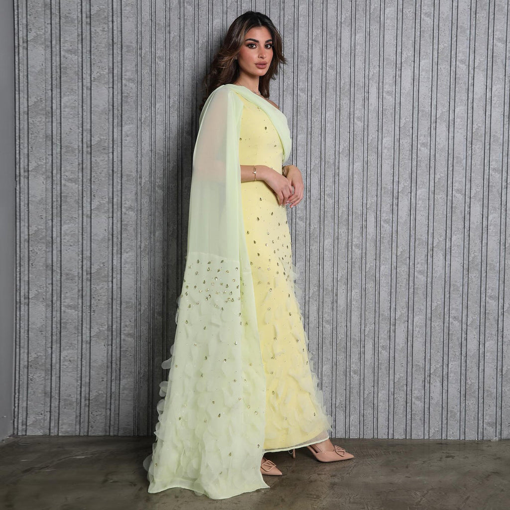 Luxury 3D Floral Crystal Yellow Fitted Evening Dress XD034