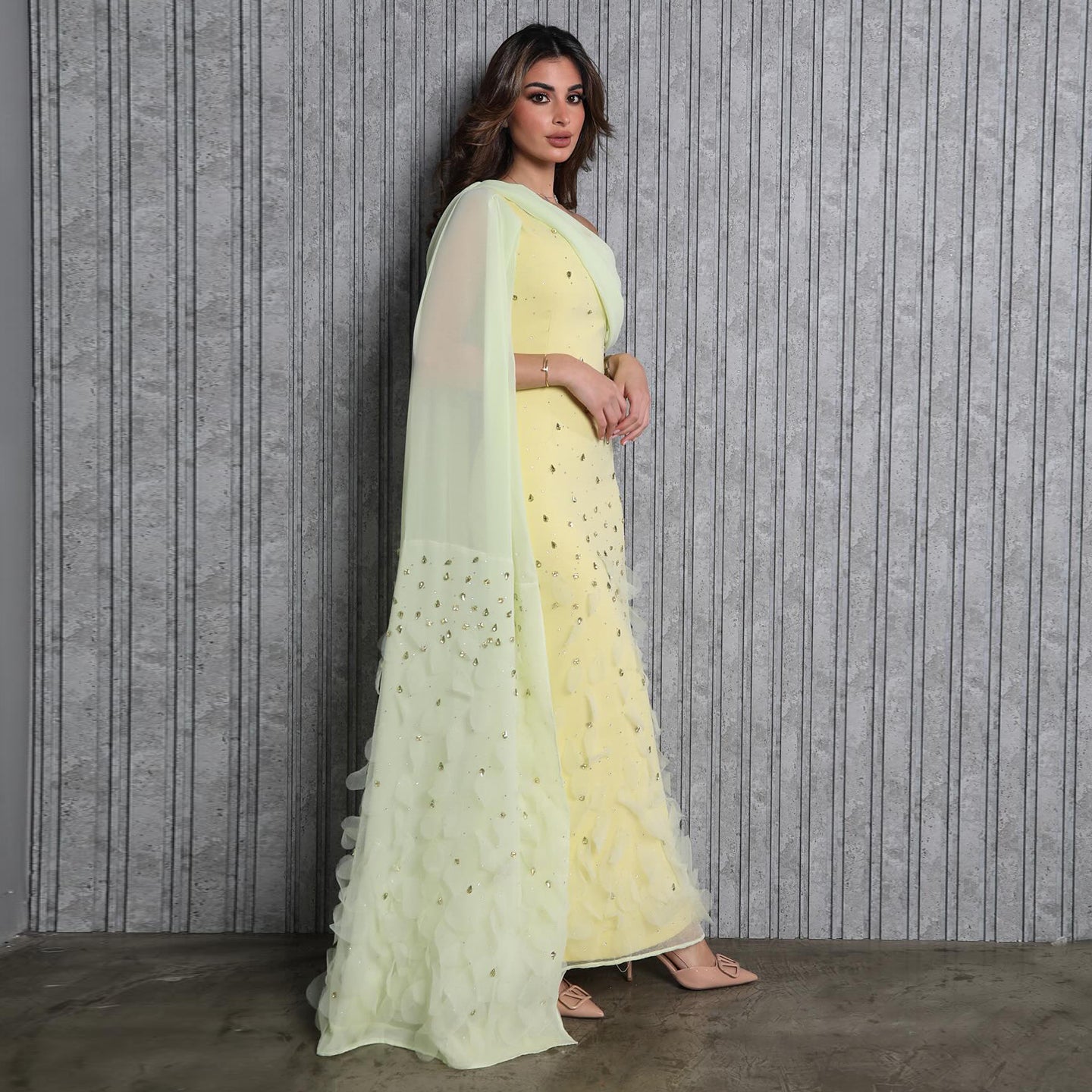 Luxury 3D Floral Crystal Yellow Fitted Evening Dress XD034
