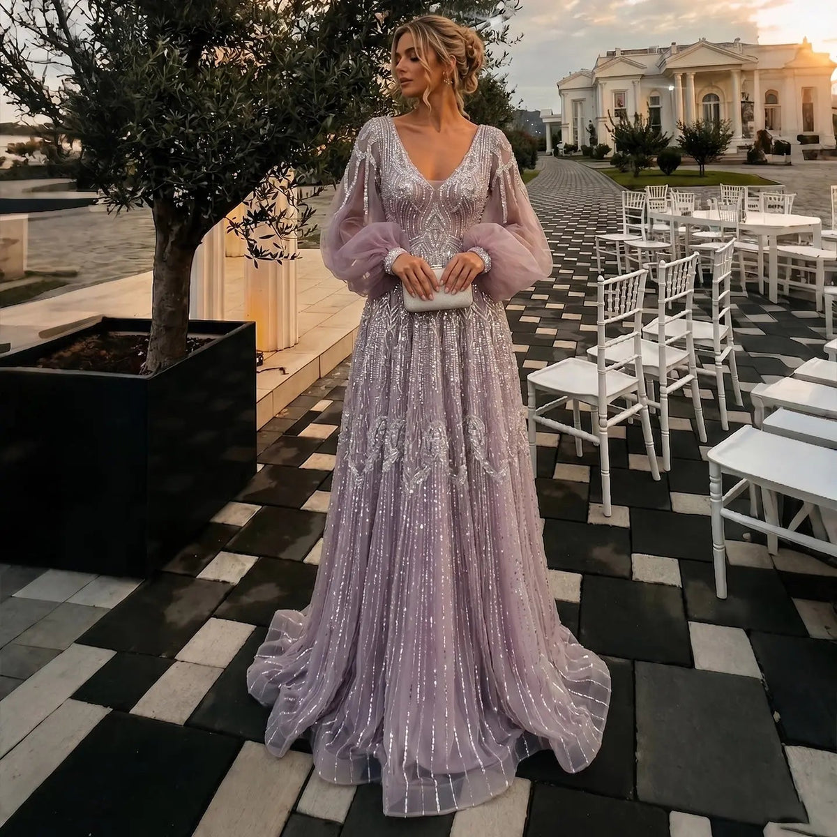 Glamorous Pink Allover Beaded Sheer Tulle Bubble Sleeve Formal Evening Dress SS057