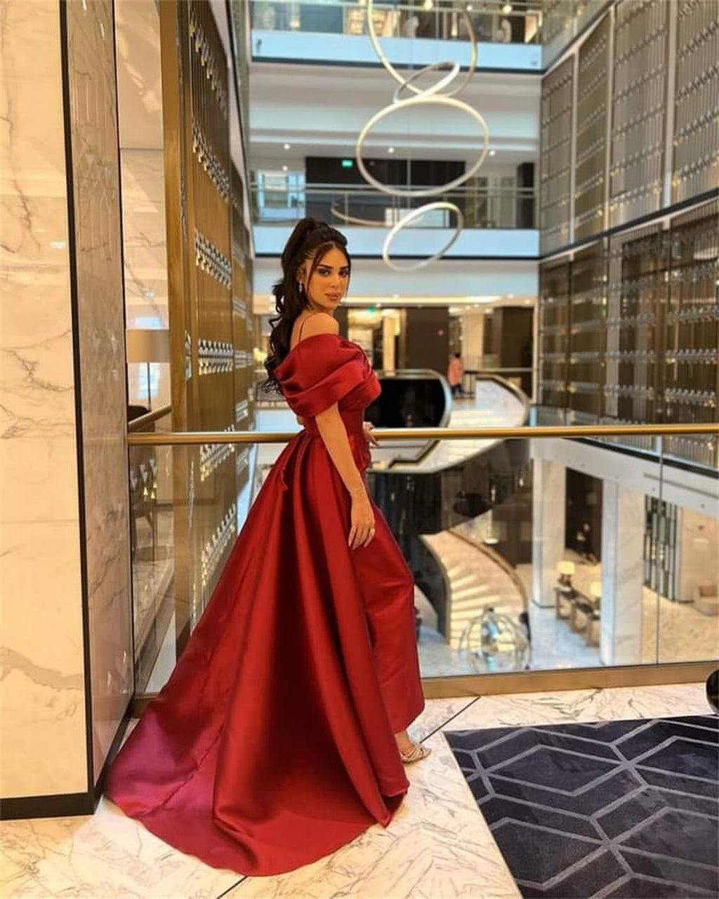 Elegant Burgundy Off Shoulder Evening Dress with Overskirt SF275