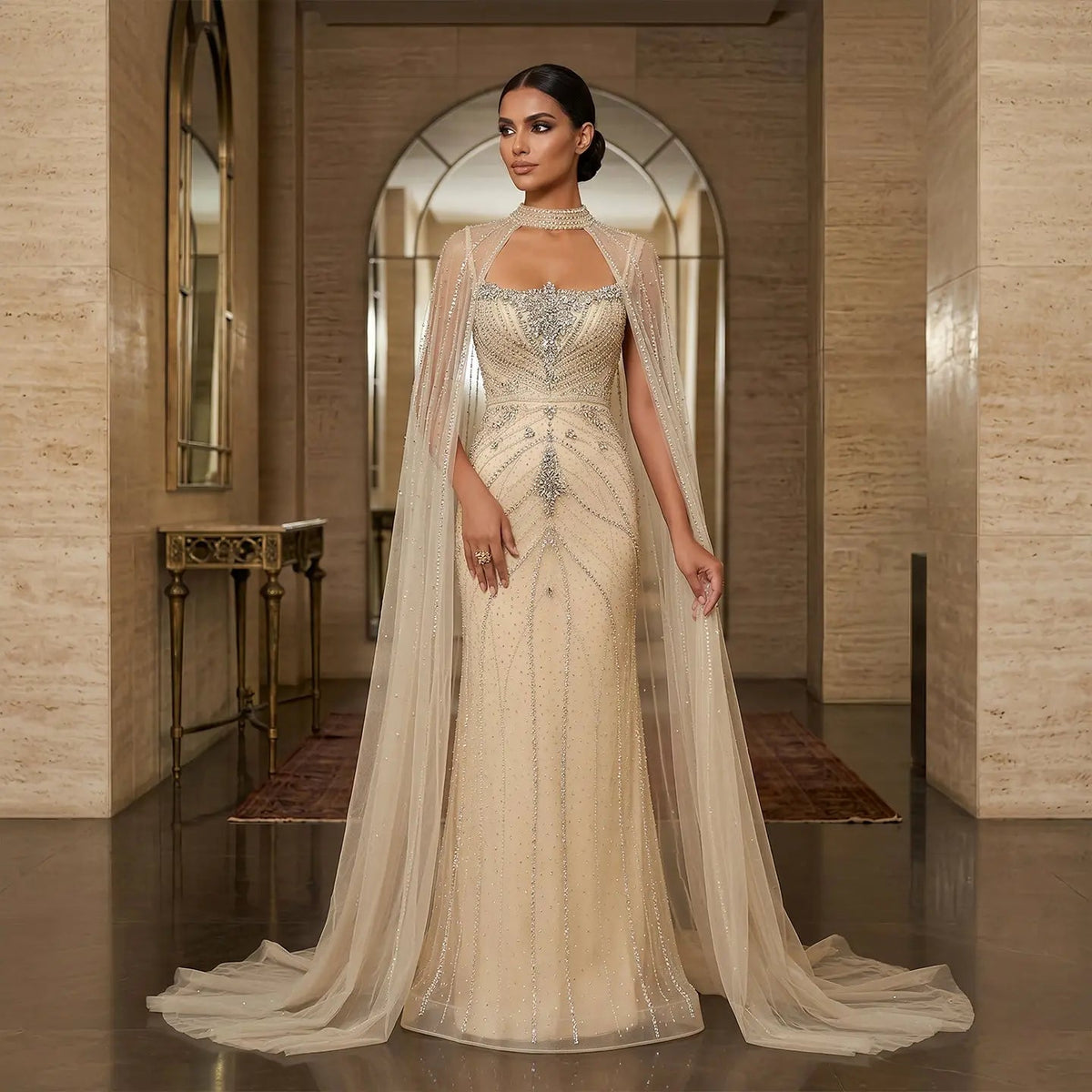 Luxury Champagne Halter Neck Cape Sleeve Beaded Evening Dress SS131