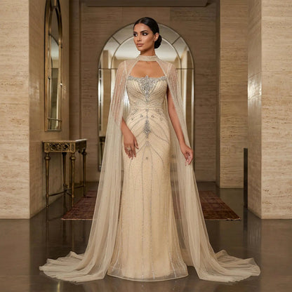 Luxury Champagne Halter Neck Cape Sleeve Beaded Evening Dress SS131
