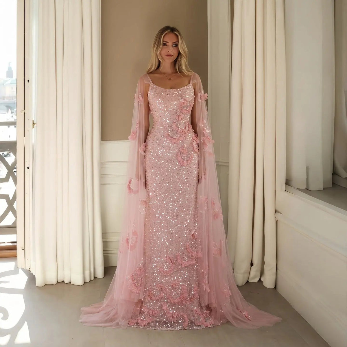 Pink  Sheer Tulle Romantic Mermaid   Sequins 3D Floral Evening Dress  SS472