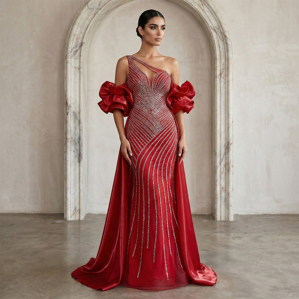 Luxury Dusty Pink One-Shoulder Beaded Fitted Evening Dress with Cape SS016