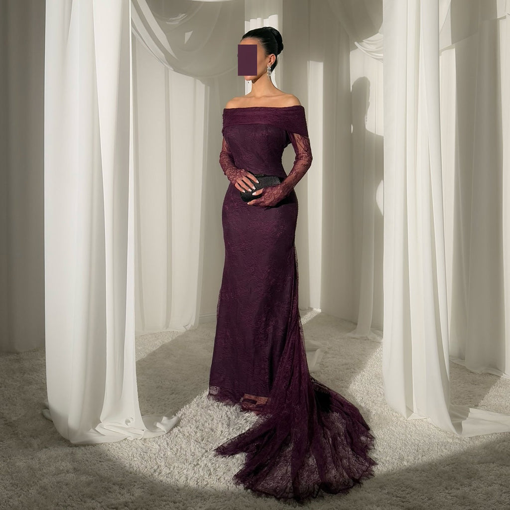 Luxury Purple Off Shoulder Lace Arabic Evening Dress SF205
