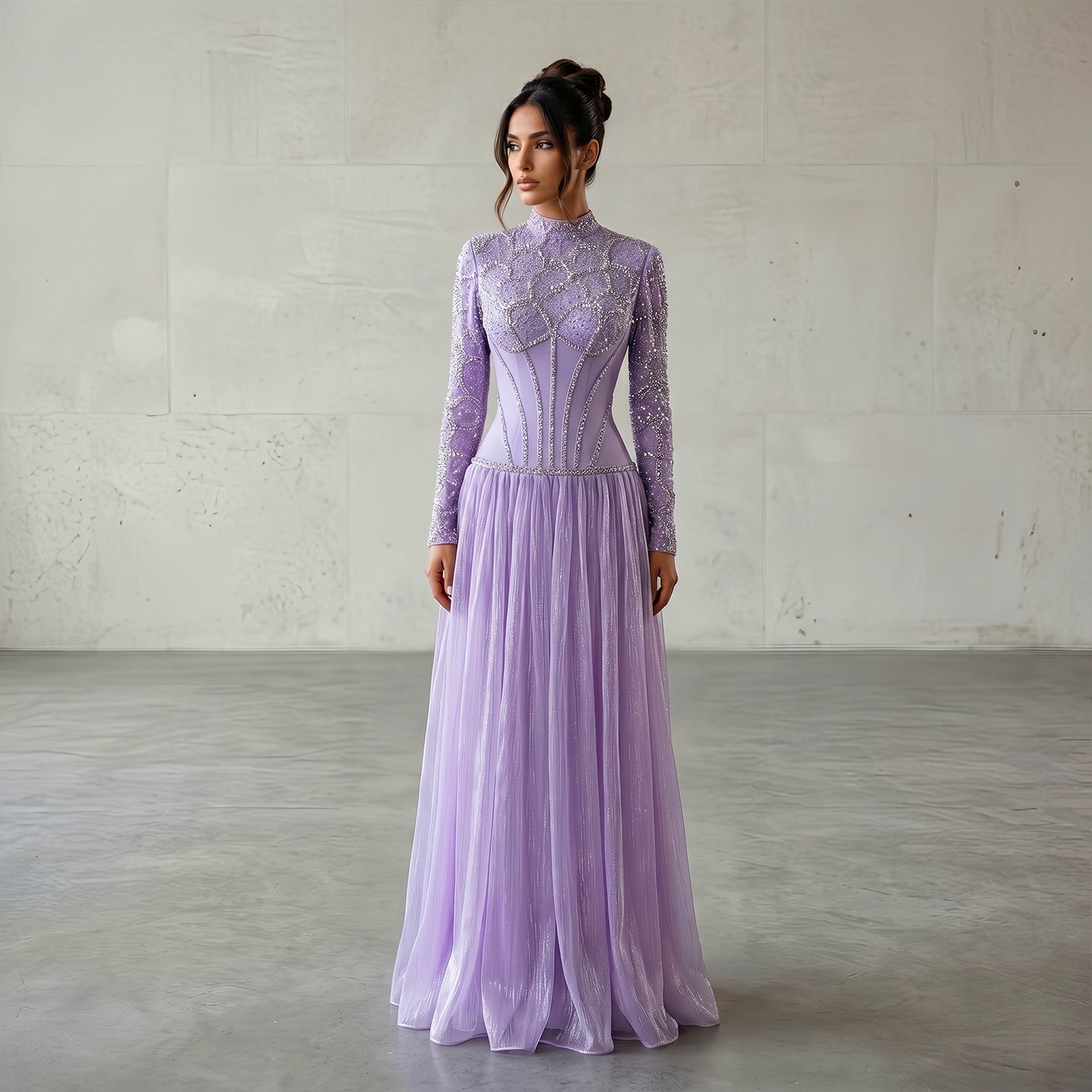 Luxury Lilac High Neck Beaded Long Sleeve Corset Evening Dress SS786