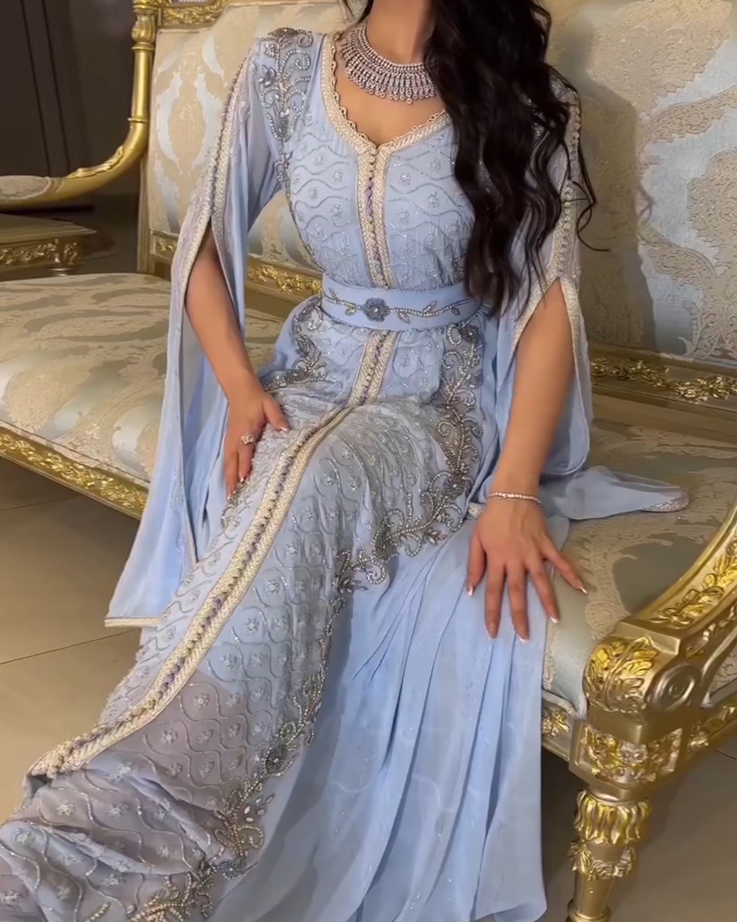 Luxury Beaded Blue Long Sleeve Evening Dresses SS404