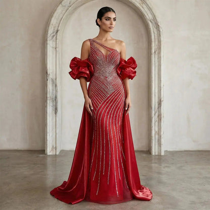 Luxury Dusty Pink Beaded One-Shoulder Fitted Evening Dress with Cape SS016