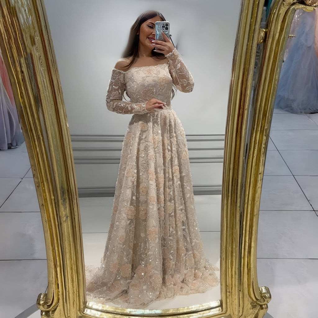 Elegant Pink Long Sleeve Beaded Embroidered Evening Dress SS638