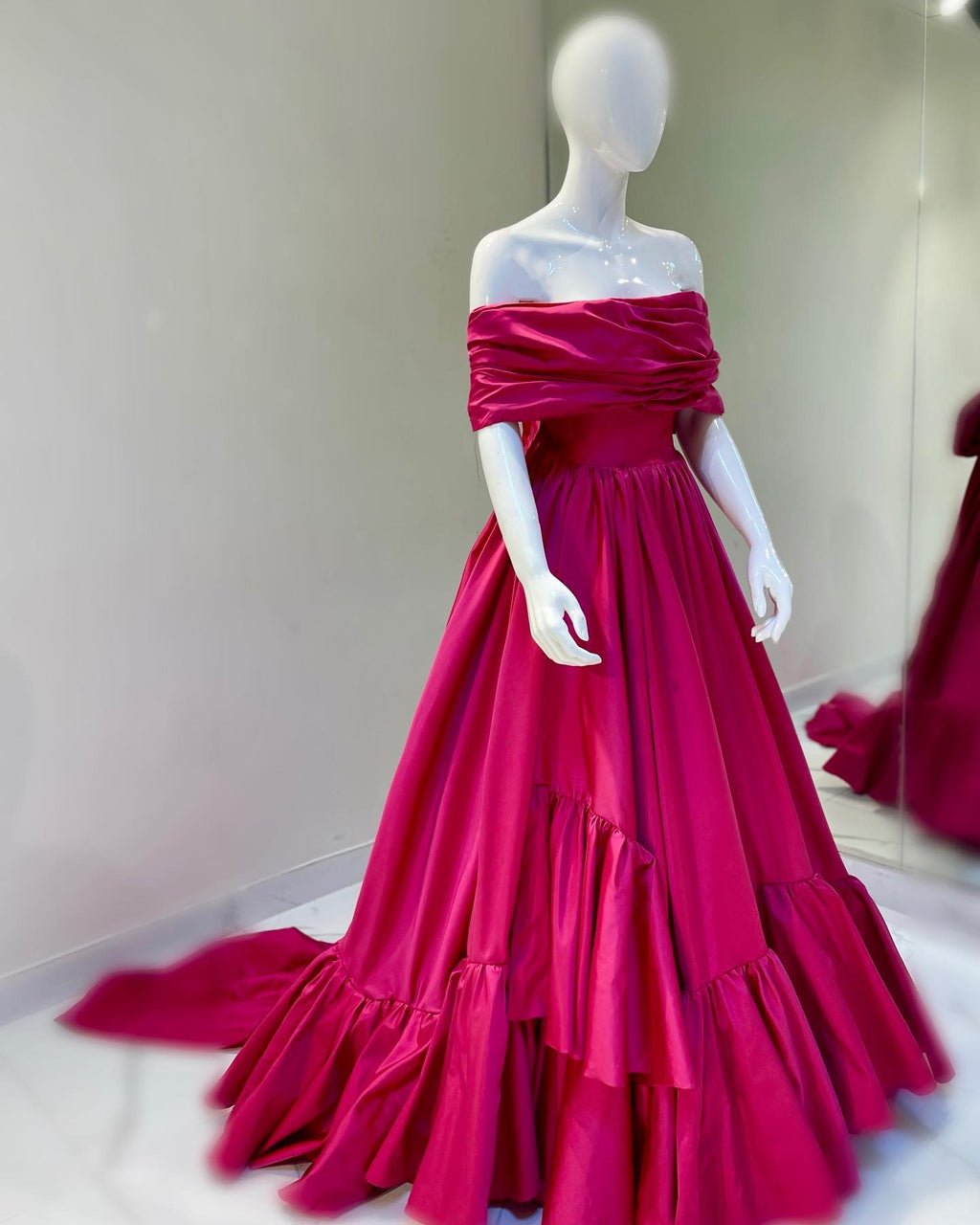 Elegant Pink A-Line Strapless Pleats Satin Evening Dress SF020