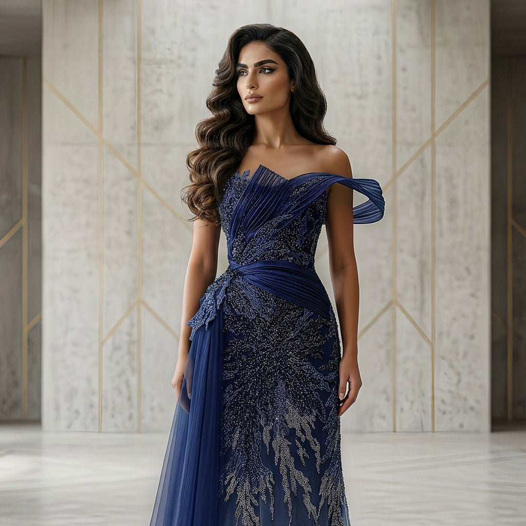 Elegant Gradient Blue Draped Beaded Evening Dress with Overskirt SS293