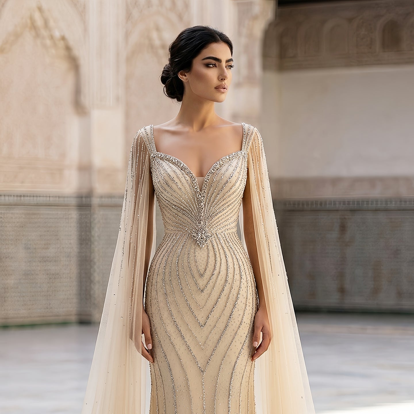 Elegant Pink Sweetheart Beaded Evening Dress with Cape Sleeve SS130