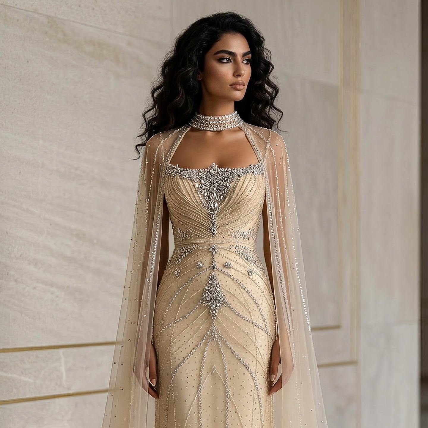 Elegant Champagne Halter Neck Beaded Evening Dress with Cape Sleeve SS131