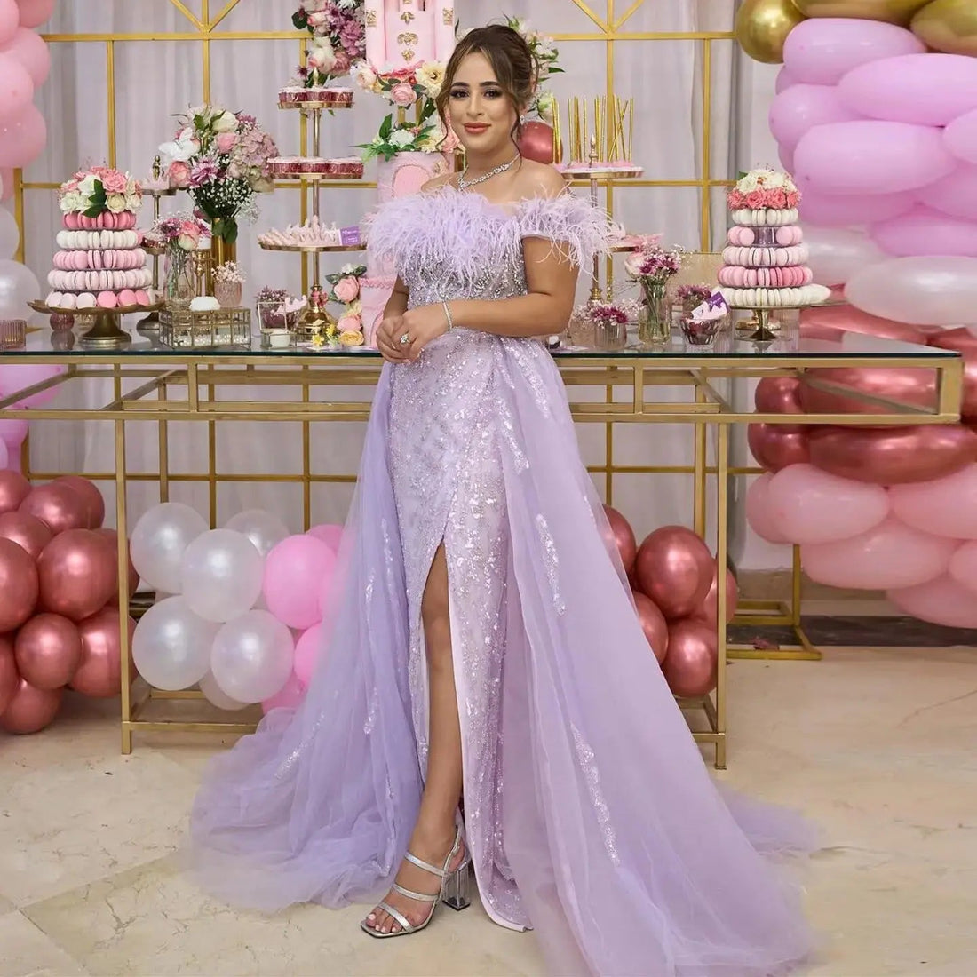 Luxury Feathers Lilac Evening Dress with Overskirt SS252