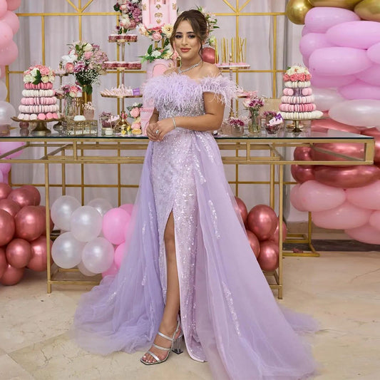 Luxury Feathers Lilac Crystal Evening Dress with Overskirt SS252
