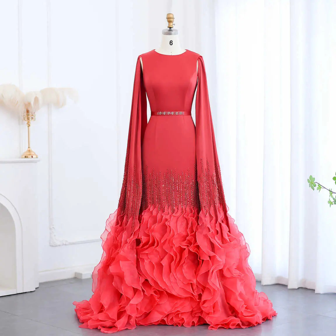 Luxury Nude Ruffles Evening Dress with Cape Sleeves SS440