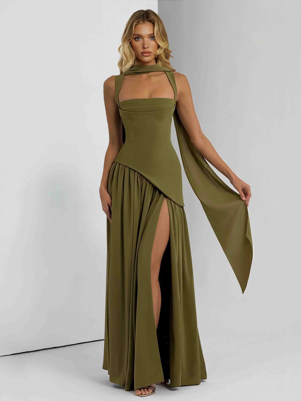 Edgy Green High Slit Chiffon Evening Dress with Scarf SF102